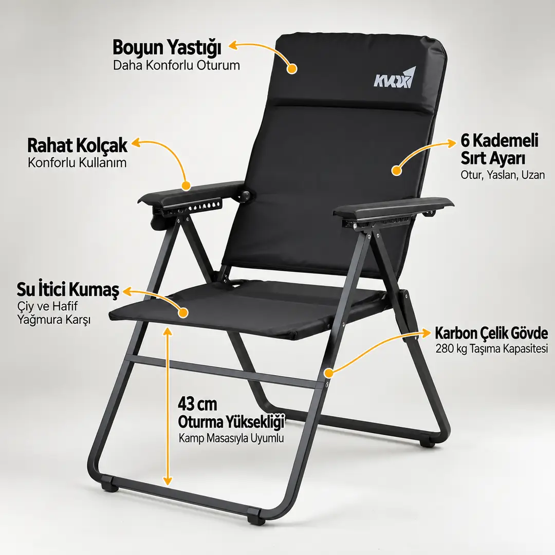 KVOX Stepp Katlanır Kamp Sandalyesi 280 kg 6 Kademeli Sırt – görsel 2