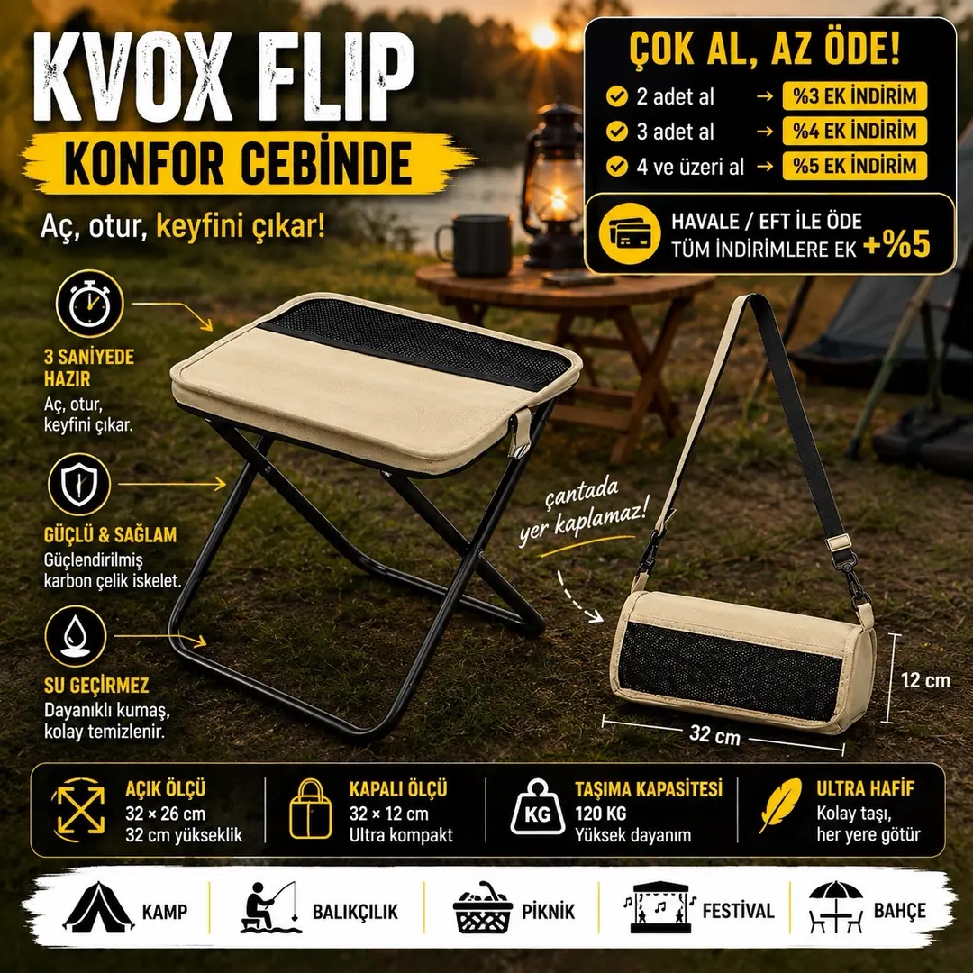 KVOX Flip Katlanır Kamp Taburesi 120 kg Taşıma – görsel 3