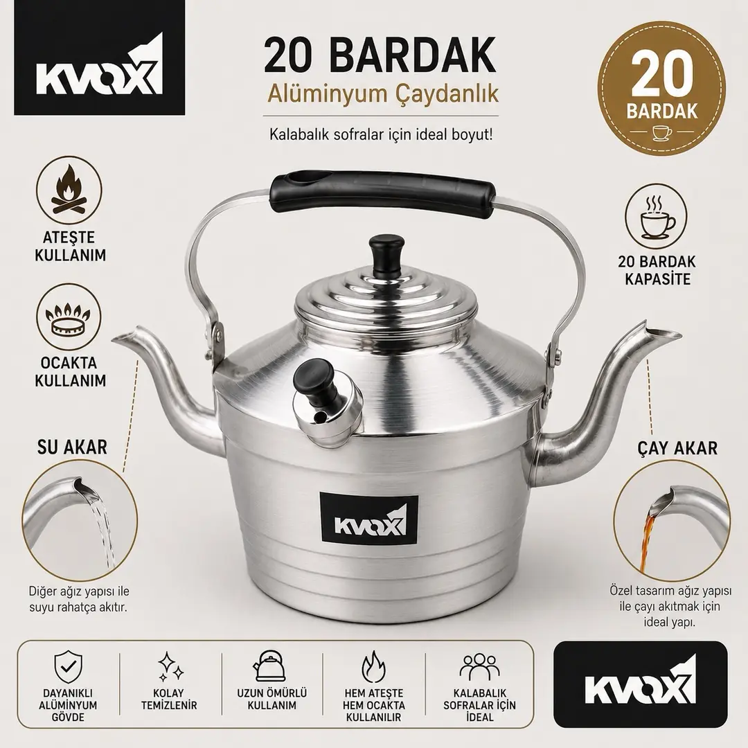 KVOX Çoban Çaydanlığı Çift İbrikli Alüminyum Kamp Semaveri – görsel 3