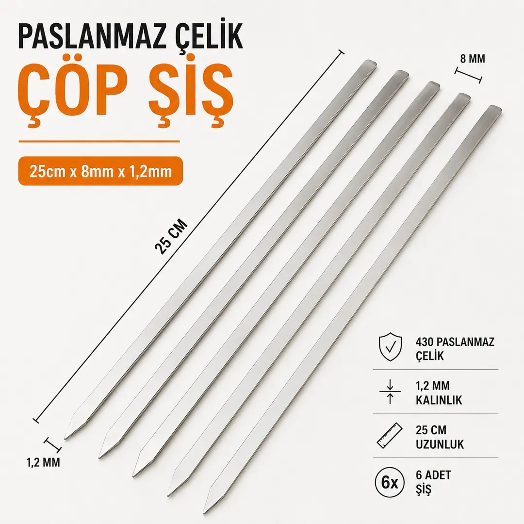KVOX Paslanmaz Çelik Çöp Şiş 6'lı 25 cm