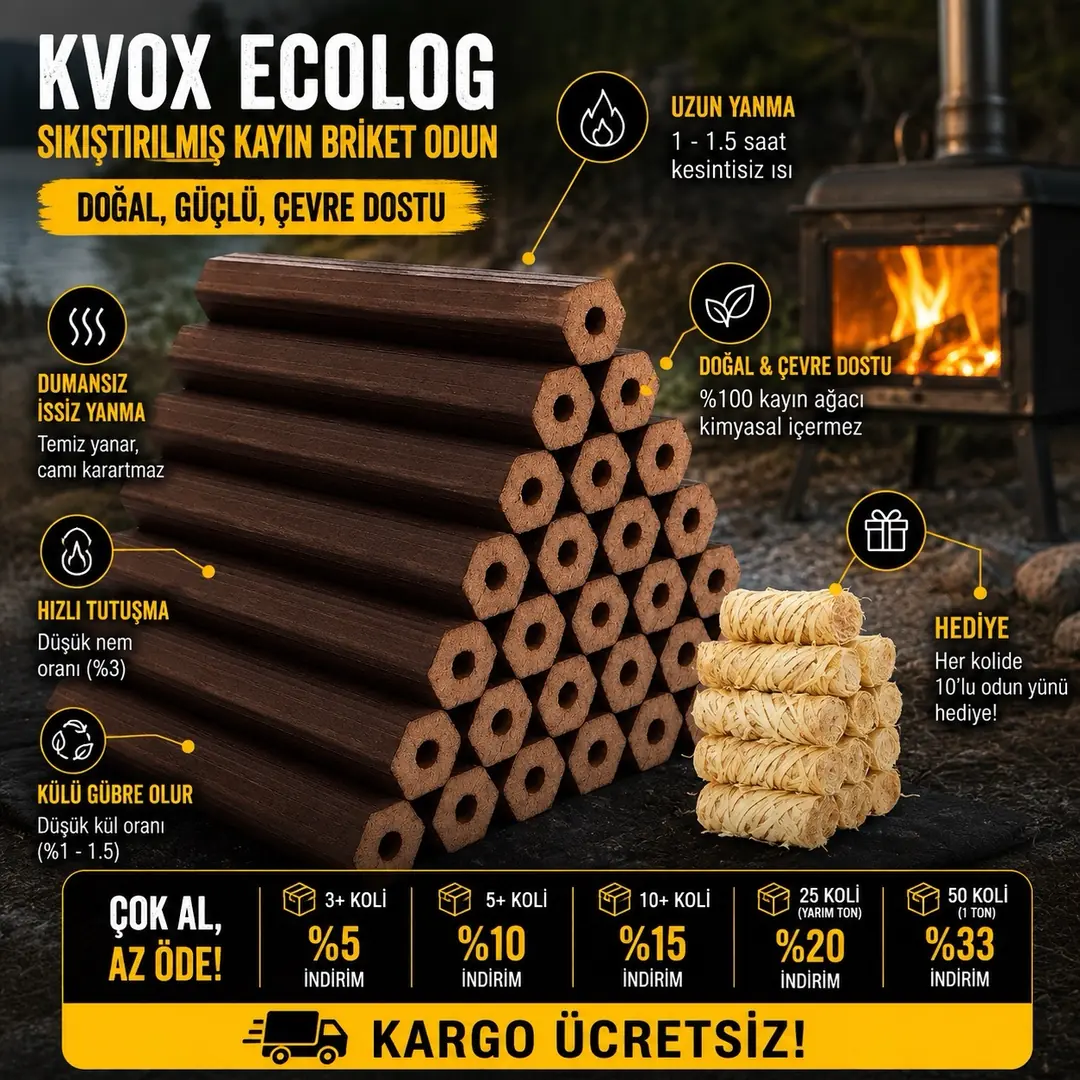 KVOX Ecolog Kayın Briket Odun 20 kg Şömine Soba ve Kamp Odunu – görsel 3