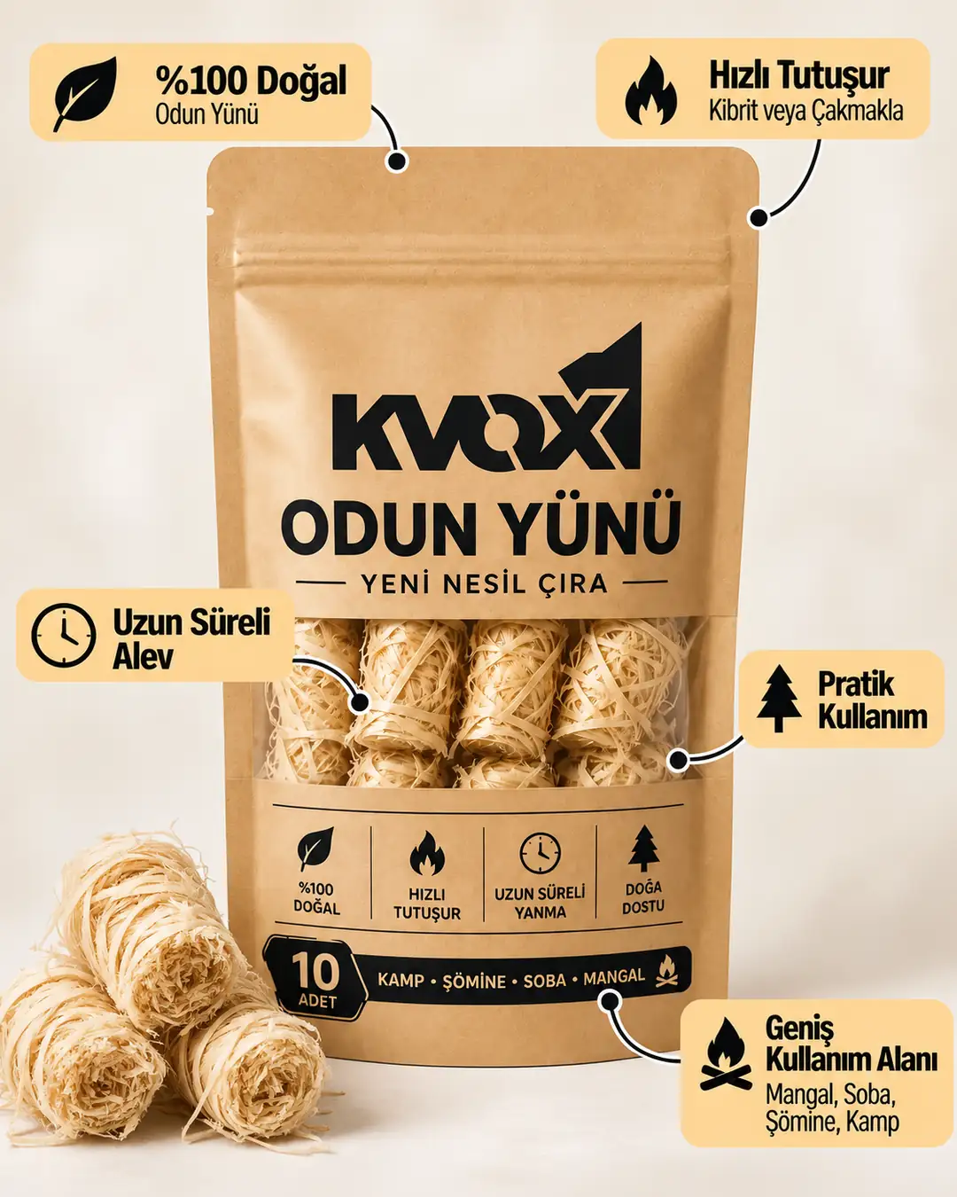 KVOX Odun Yünü Doğal Tutuşturucu 10'lu – görsel 2